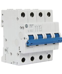 Four-pole miniature circuit breaker with four blue toggle levers in a white housing (electrical breaker)