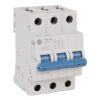 Three-pole miniature circuit breaker with blue toggles, white housing, and top/bottom terminal holes for wiring connections