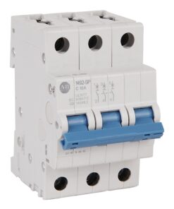 Three-pole miniature circuit breaker with blue toggles, white housing, and top/bottom terminal holes for wiring connections
