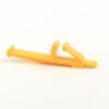 Yellow plastic toy part with an angled lever on a white background.