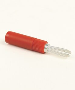 Red-handled tool with a four-pronged metal tip on a white background (informative product photo).