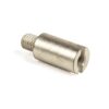 Metal cylindrical threaded spacer with a slotted hollow end on one side, likely a small coupling or insert.