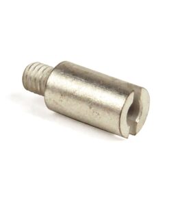 Metal cylindrical threaded spacer with a slotted hollow end on one side, likely a small coupling or insert.