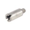 Small silver metal cylindrical fastener with a U-shaped slot at one end and a threaded end on the other.