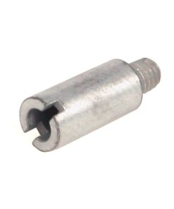Small silver metal cylindrical fastener with a U-shaped slot at one end and a threaded end on the other.
