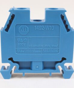 Blue plastic electrical terminal block, model 1492-W10, with mounting feet (A-B logo)