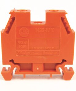 Orange plastic electrical terminal block with '1492-W10' marking, used in control panels.