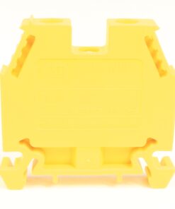 Yellow plastic electrical mounting block with side clips and terminal slots for wiring harnesses