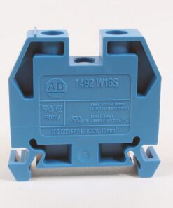 Blue modular electrical terminal block (1492-W16S) with clamp openings and AB logo, used for wiring connections in control panels.