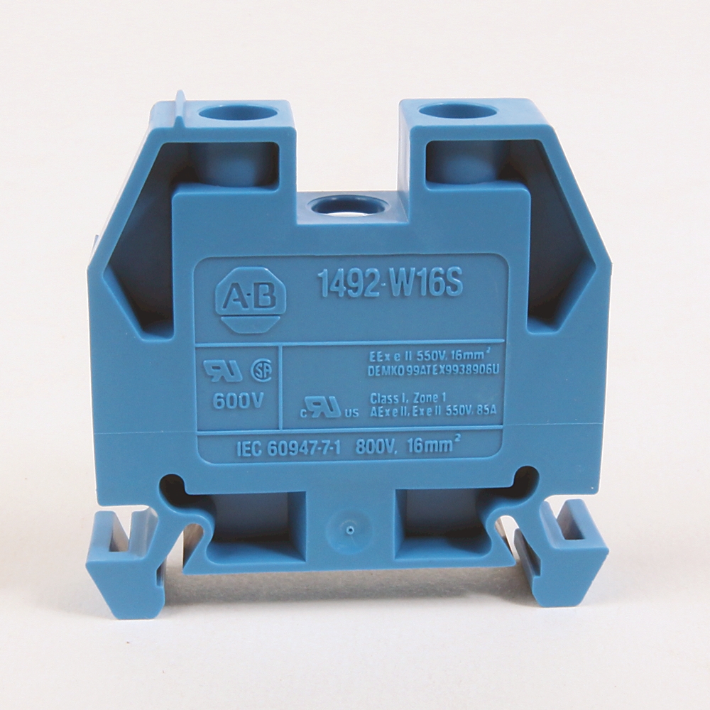 Blue modular electrical terminal block (1492-W16S) with clamp openings and AB logo, used for wiring connections in control panels.