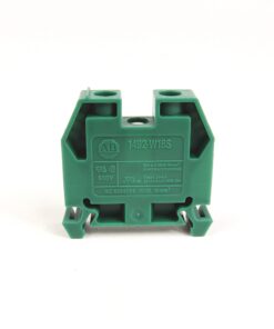 Green 2-position terminal block with two screw terminals, labeled 1492-W16S, used for electrical wiring