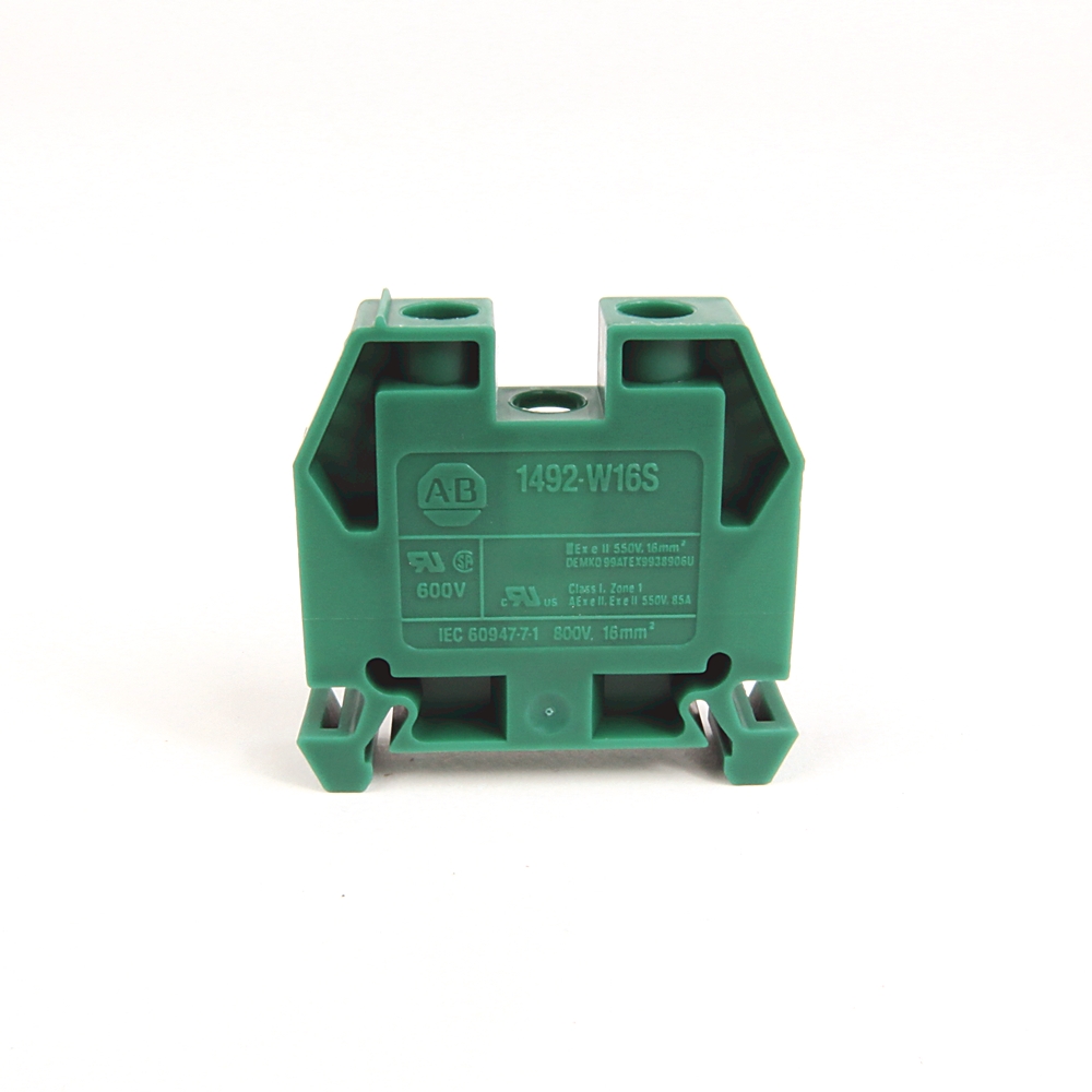 Green 2-position terminal block with two screw terminals, labeled 1492-W16S, used for electrical wiring