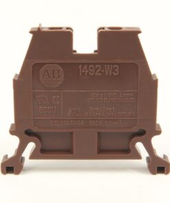 Brown plastic electrical terminal/module with A-B, 1492-W3, and 600V markings visible on the face.