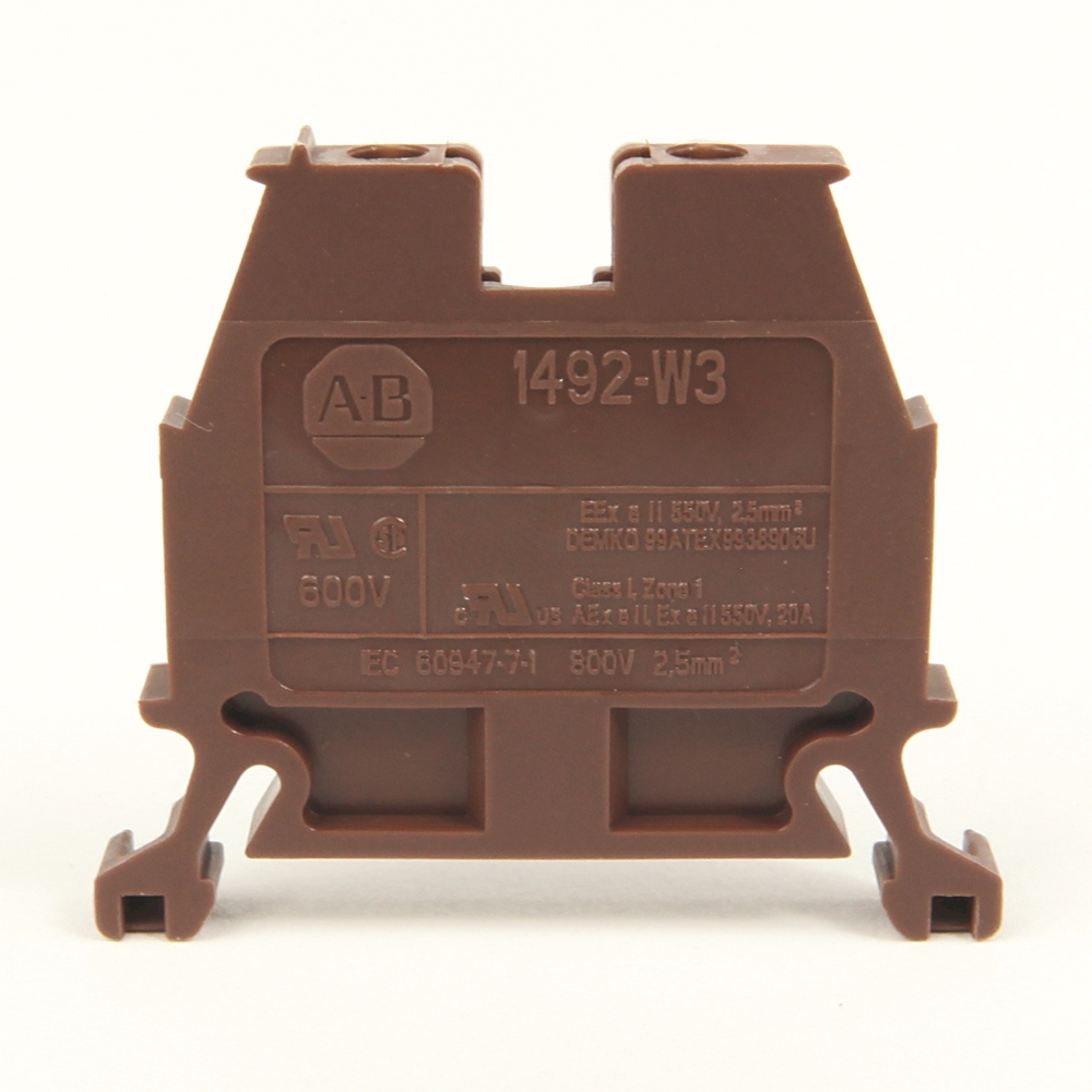 Brown plastic electrical terminal/module with A-B, 1492-W3, and 600V markings visible on the face.