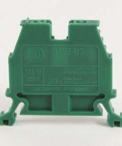Green industrial terminal block module with AB logo, labeled 1492-W3 for electrical connections