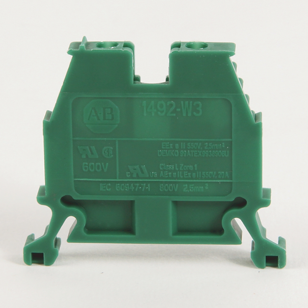 Green industrial terminal block module with AB logo, labeled 1492-W3 for electrical connections