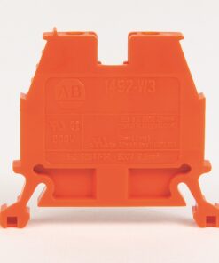 Orange plastic electrical terminal block/module with side mounting hooks; embossed markings include an 'AB' logo and '1492-W3' on the front.