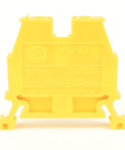 Yellow electrical connector/block with front-facing label '1492-W3' and 'AB' logo, showing two bottom hooks.