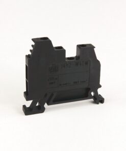 Black plastic electrical terminal/connector component with two screw posts and bottom mounting hooks (marked ABB 1492-W4TW)