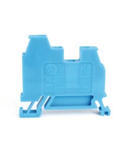 Blue plastic electrical terminal block connector on a white background, with mounting feet and wire-entry slots at the bottom.
