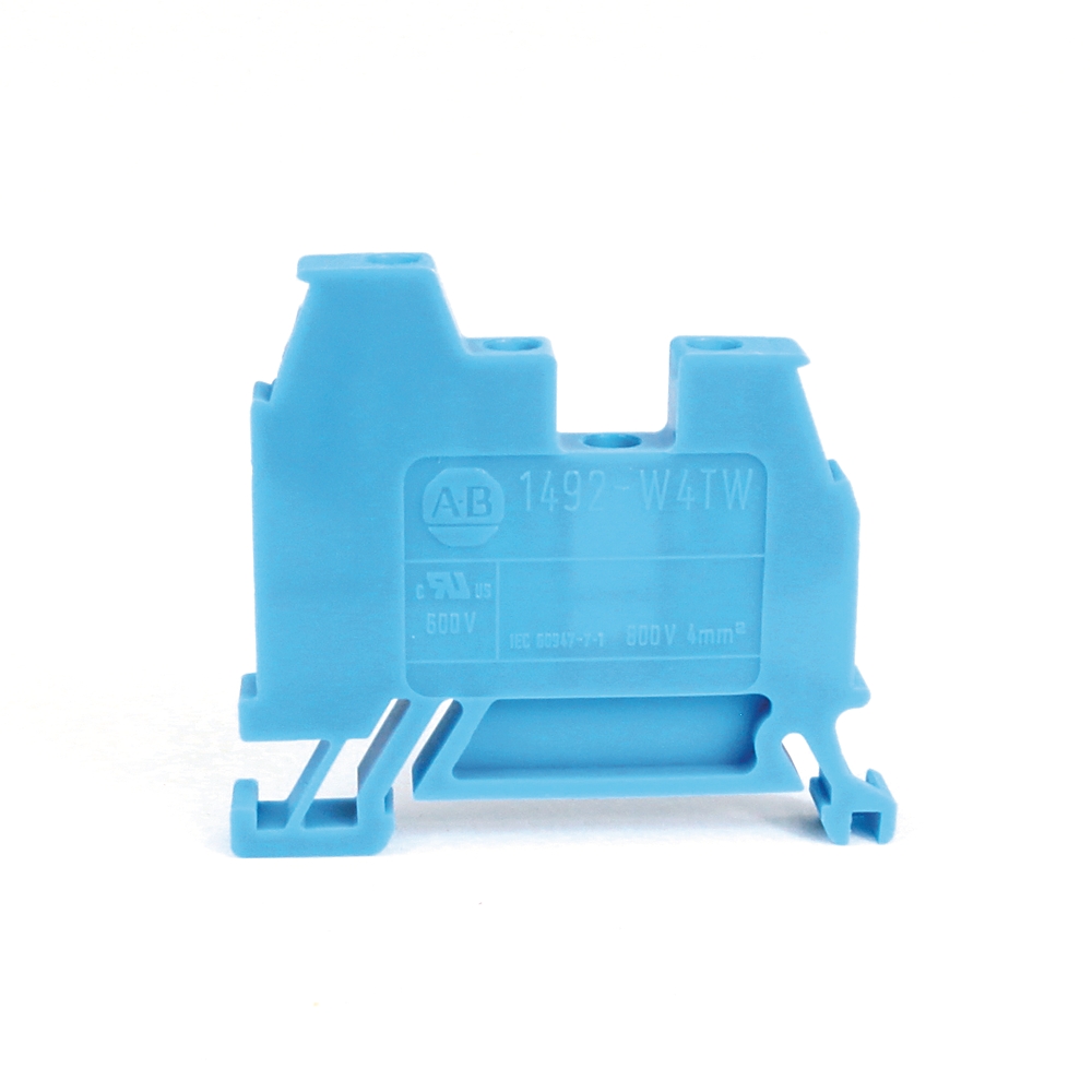 Blue plastic electrical terminal block connector on a white background, with mounting feet and wire-entry slots at the bottom.