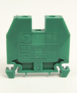 Green industrial terminal block module labeled '1492-W6' with mounting clips at the bottom, viewed from the front.