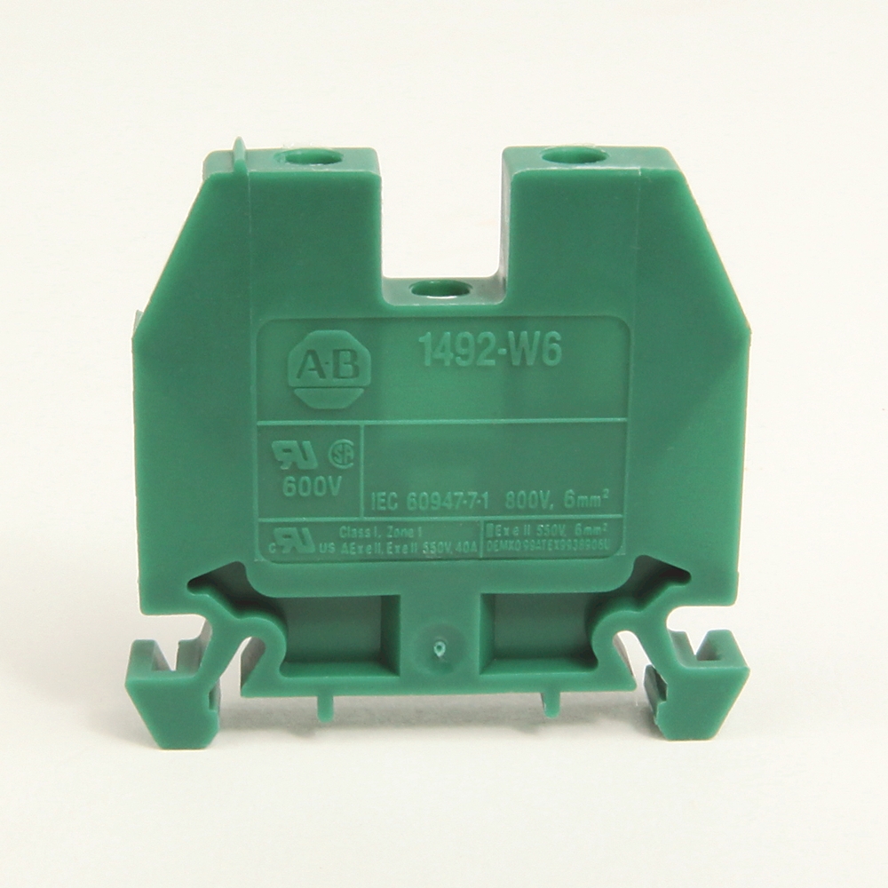 Green industrial terminal block module labeled '1492-W6' with mounting clips at the bottom, viewed from the front.