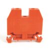 Orange plastic electrical terminal block with mounting slots and clamp ends, labeled AB 1492-W6 and 600V rating