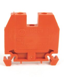 Orange plastic electrical terminal block with mounting slots and clamp ends, labeled AB 1492-W6 and 600V rating
