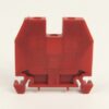 Red plastic electrical terminal block with two top holes and bottom hooks, viewed from the rear.