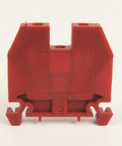 Red plastic electrical terminal block with two top holes and bottom hooks, viewed from the rear.