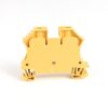 Yellow plastic two-slot terminal block connector with mounting feet on a white background
