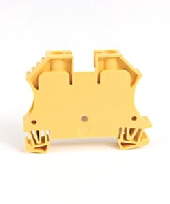 Yellow plastic two-slot terminal block connector with mounting feet on a white background