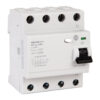 White four-terminal residual-current circuit breaker with a black toggle switch, used for protecting electrical circuits.