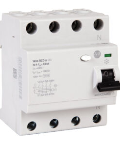 White four-terminal residual-current circuit breaker with a black toggle switch, used for protecting electrical circuits.