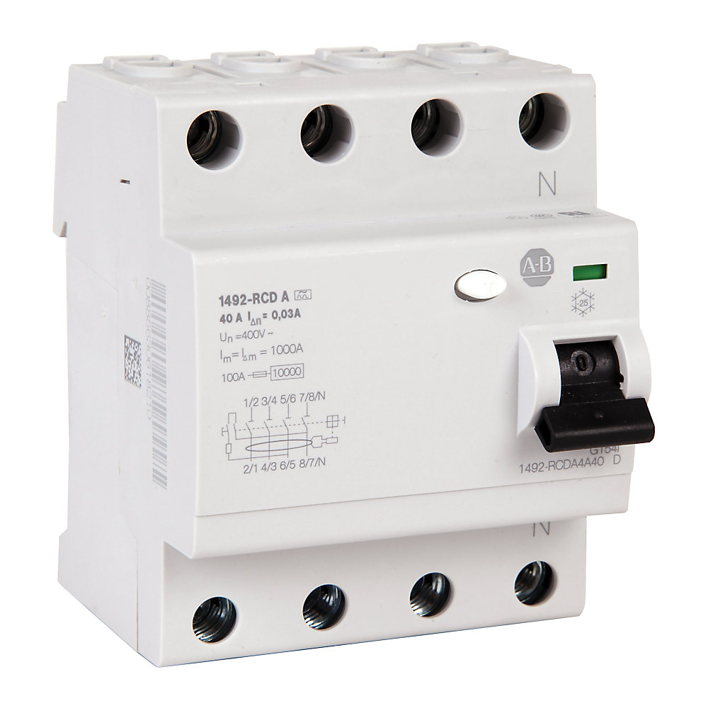White four-terminal residual-current circuit breaker with a black toggle switch, used for protecting electrical circuits.