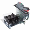 Industrial three-pole circuit breaker with a manual lever on a metal mounting plate used to connect or disconnect power.