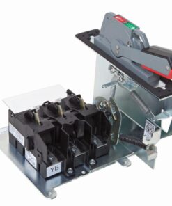 Industrial three-pole circuit breaker with a manual lever on a metal mounting plate used to connect or disconnect power.