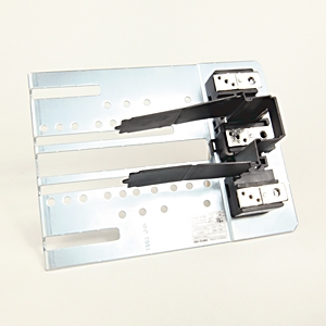 Dual hard drive sled with two black latch levers on a metal tray for server use.