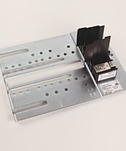 Metal server hardware: a perforated metal mounting bracket with two black heat sinks attached to a small PCB-center piece.