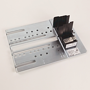 Metal server hardware: a perforated metal mounting bracket with two black heat sinks attached to a small PCB-center piece.