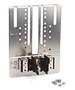 Double-pole contactor with metal mounting plate and two black terminal blocks; screws nearby for wiring.