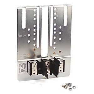Double-pole contactor with metal mounting plate and two black terminal blocks; screws nearby for wiring.