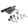 Assortment of metal door hardware parts including strike plates, brackets, screws, washers, and a black actuator plate.
