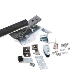 Assortment of metal door hardware parts including strike plates, brackets, screws, washers, and a black actuator plate.