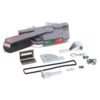 Hand-operated lever tool with gray body and red accents, accompanied by multiple metal brackets, screws, and small components; appears to be a hardware or fastening kit.