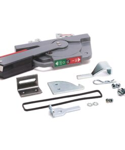 Hand-operated lever tool with gray body and red accents, accompanied by multiple metal brackets, screws, and small components; appears to be a hardware or fastening kit.