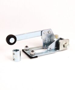 Manual lever clamp with a roller tip and metal base, shown with loose spacers on white background, for context as a hardware tool.