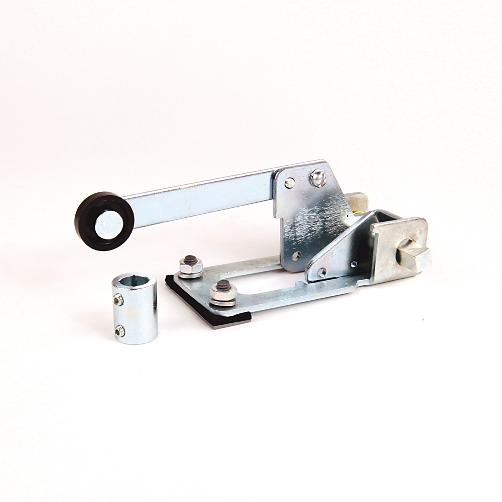 Manual lever clamp with a roller tip and metal base, shown with loose spacers on white background, for context as a hardware tool.