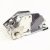 Industrial metal latch mechanism with mounting base, bolts, and a gray actuator block on a white background.